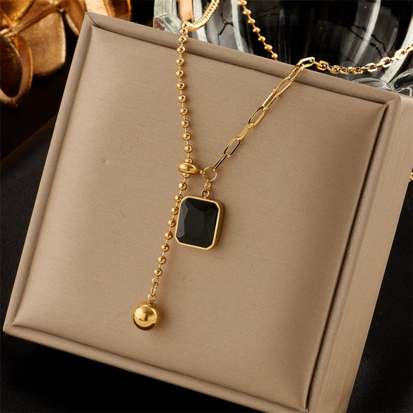 Wholesale Clavicle Necklace Stainless Steel Geometric Black Square Diamond Round Beads Asymmetrical Pullout Adjustable Ball Chain Electroplated For Women