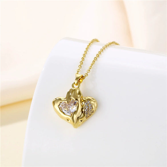 Wholesale Clavicle Necklace Stainless Steel Mixed Gem Inlay Electroplating Geometric Peach Heart Style