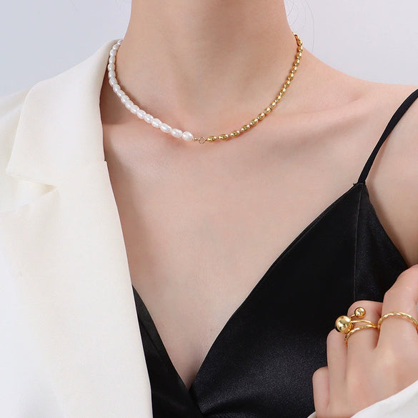 Wholesale Clavicle Necklace 316L Stainless Steel Natural Freshwater Pearl Geometric Light Luxury Electroplating