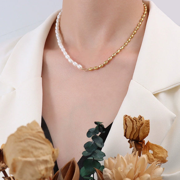 Wholesale Clavicle Necklace 316L Stainless Steel Natural Freshwater Pearl Geometric Light Luxury Electroplating