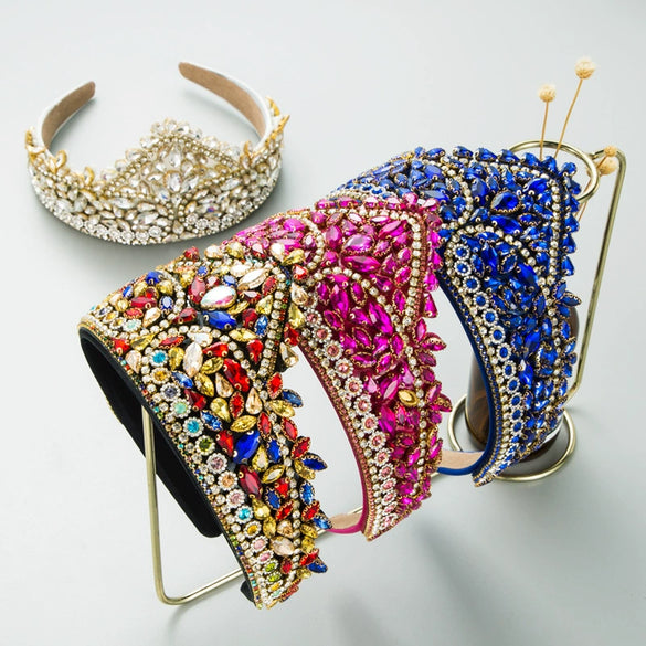 Wholesale Cloth Heavy Craft Diamond Headband Retro Exaggerated Crown Shaped Light Luxury Style Women's Hair Accessories