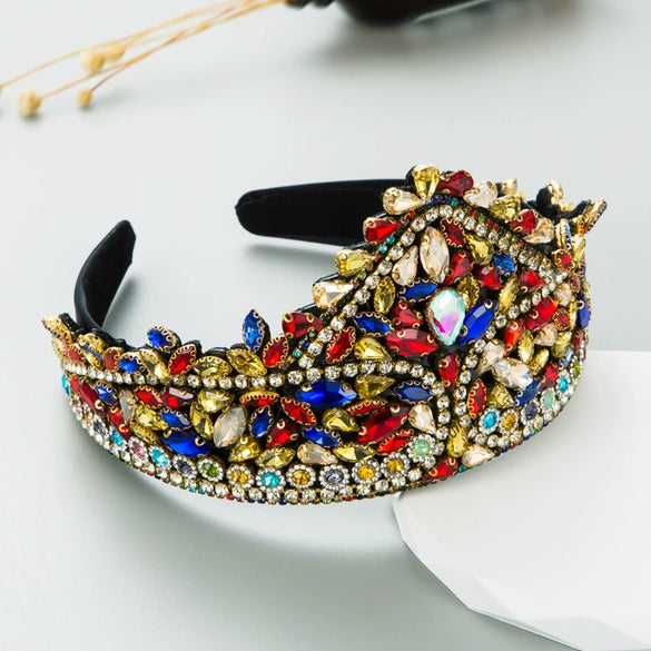 Wholesale Cloth Heavy Craft Diamond Headband Retro Exaggerated Crown Shaped Light Luxury Style Women's Hair Accessories