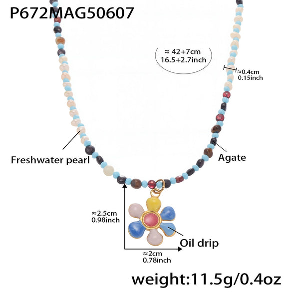 Wholesale Collarbone Necklace Handmade With Oil Drop Flower Agate Beads 316L Stainless Steel And 316L Stainless Steel Geometric Pattern Electroplated For Women