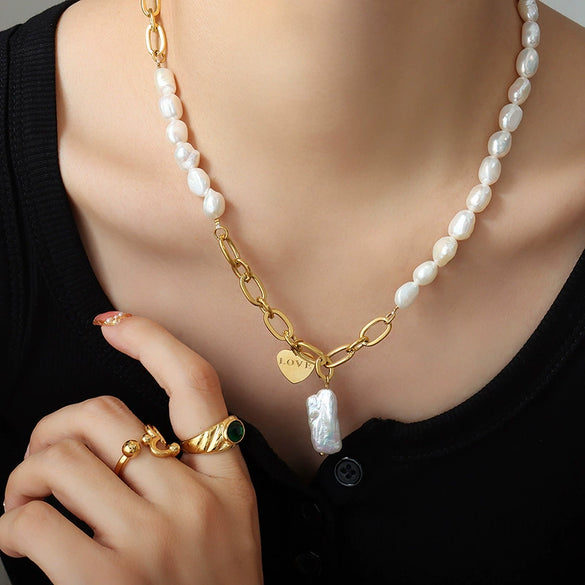 Wholesale Collarbone Necklace 316L Stainless Steel Heartshaped Geometric Freshwater Pearl Electroplated