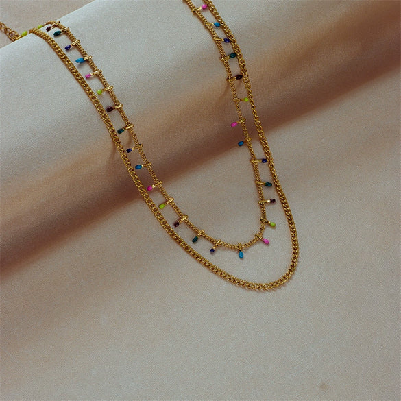 Wholesale Color Enamel Craft Titanium Steel Double Layer Necklace With Geometric Pattern And Electroplating For Women Unique Design Sense Niche Clavicle Chain
