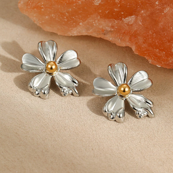 Wholesale Colorblocked Flower Geometric Stainless Steel Earrings Plated With 18K Gold