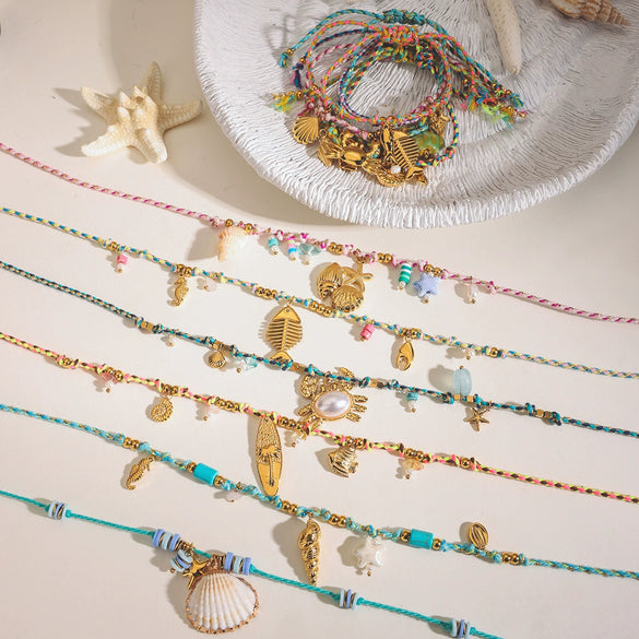 Wholesale Colorful Clavicle Necklace And Bracelet Set With Shell Conch Fish Bone Pendant In Vacation Style Made Of Stainless Steel With Electroplating
