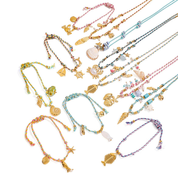 Wholesale Colorful Clavicle Necklace And Bracelet Set With Shell Conch Fish Bone Pendant In Vacation Style Made Of Stainless Steel With Electroplating