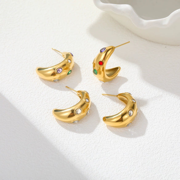 Wholesale Colorful Gemstone Geometric Stainless Steel 18K Gold Electroplated Earrings For Women