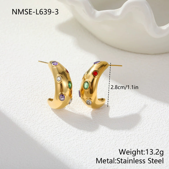 Wholesale Colorful Gemstone Geometric Stainless Steel 18K Gold Electroplated Earrings For Women