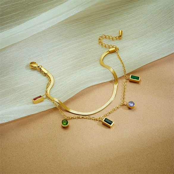 Wholesale Colorful Geometric Irregular Diamond Titanium Steel Pendant With Double Layer Chain Electroplated Unisex Jewelry Bracelet