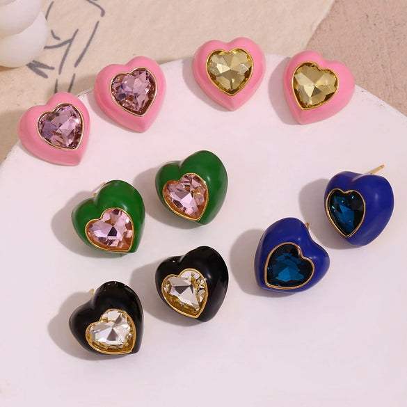 Wholesale Colorful Heart Drop Oil Stud Earrings For Women Stainless Steel 18K Gold Plated