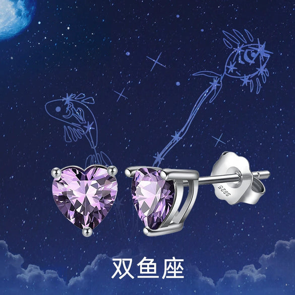 Wholesale Colorful Heartshaped Zircon Earrings With Twelve Constellations Birthstone Silver Electroplated