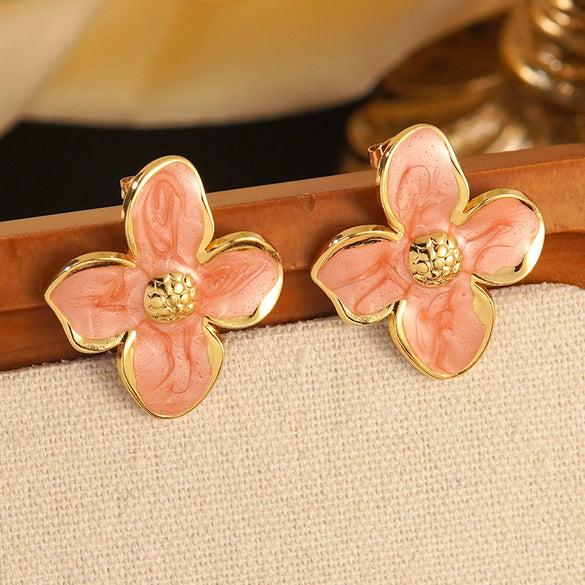 Wholesale Colorful Oil Dripping Plumeria Stainless Steel Jewelry Set With Dopamine Flower Earrings And Necklace Featuring Snake Bone Chain And Dripping Oil Design For Women