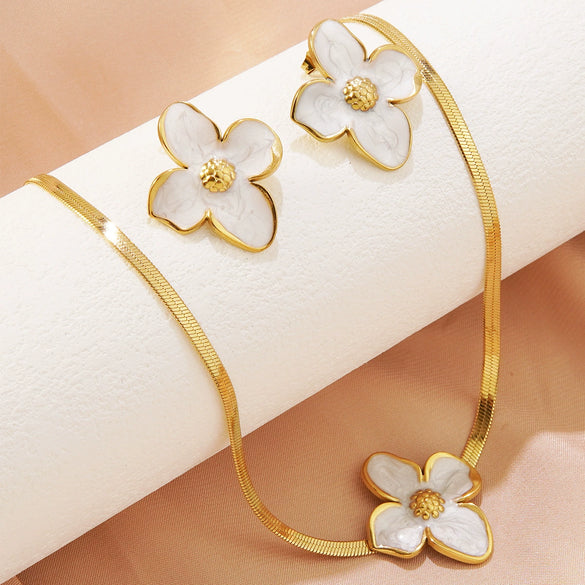 Wholesale Colorful Oil Dripping Plumeria Stainless Steel Jewelry Set With Dopamine Flower Earrings And Necklace Featuring Snake Bone Chain And Dripping Oil Design For Women