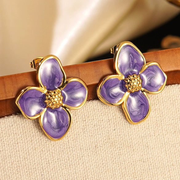 Wholesale Colorful Oil Dripping Plumeria Stainless Steel Jewelry Set With Dopamine Flower Earrings And Necklace Featuring Snake Bone Chain And Dripping Oil Design For Women