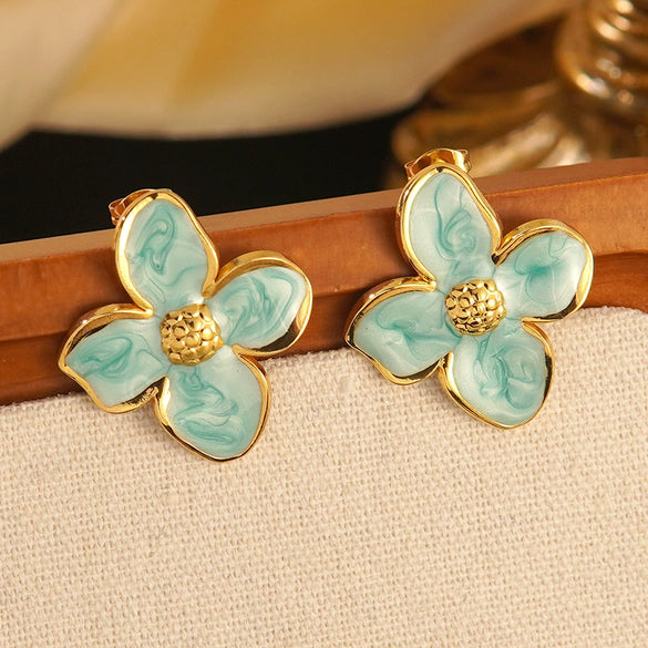 Wholesale Colorful Oil Dripping Plumeria Stainless Steel Jewelry Set With Dopamine Flower Earrings And Necklace Featuring Snake Bone Chain And Dripping Oil Design For Women