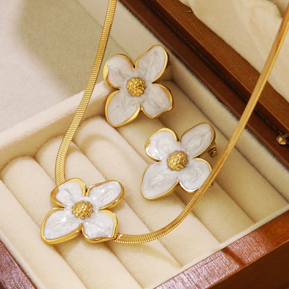 Wholesale Colorful Oil Dripping Plumeria Stainless Steel Jewelry Set With Dopamine Flower Earrings And Necklace Featuring Snake Bone Chain And Dripping Oil Design For Women