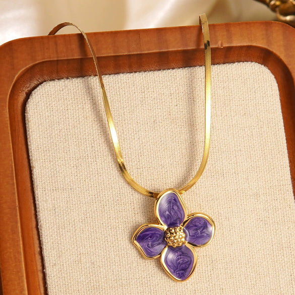 Wholesale Colorful Oil Dripping Plumeria Stainless Steel Jewelry Set With Dopamine Flower Earrings And Necklace Featuring Snake Bone Chain And Dripping Oil Design For Women