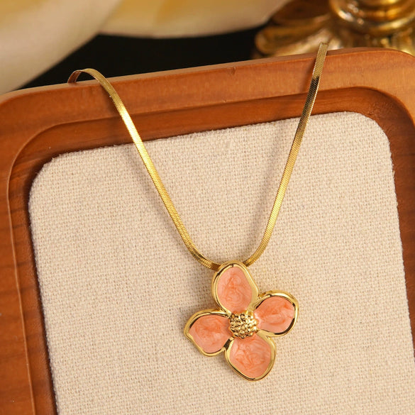 Wholesale Colorful Oil Dripping Plumeria Stainless Steel Jewelry Set With Dopamine Flower Earrings And Necklace Featuring Snake Bone Chain And Dripping Oil Design For Women