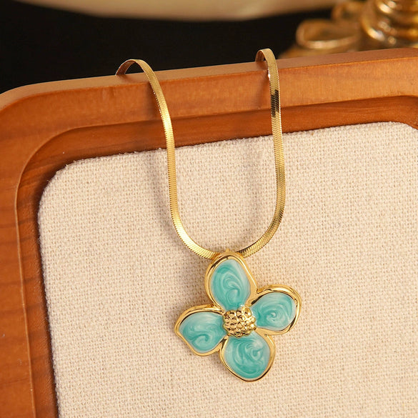 Wholesale Colorful Oil Dripping Plumeria Stainless Steel Jewelry Set With Dopamine Flower Earrings And Necklace Featuring Snake Bone Chain And Dripping Oil Design For Women