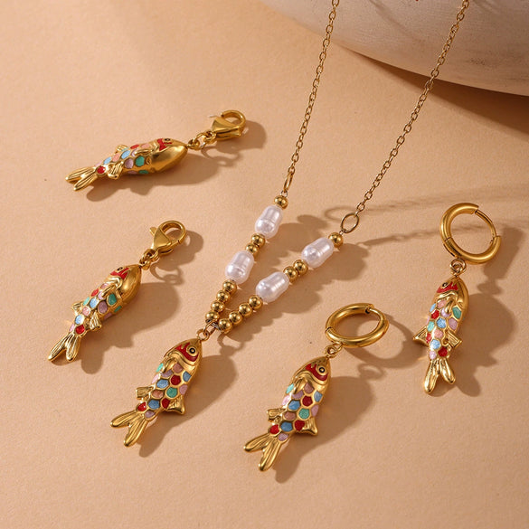 Wholesale Colorful Oildropped Koi Fish Beaded Stainless Steel Necklace Earrings With Electroplating Ocean Style Pendant