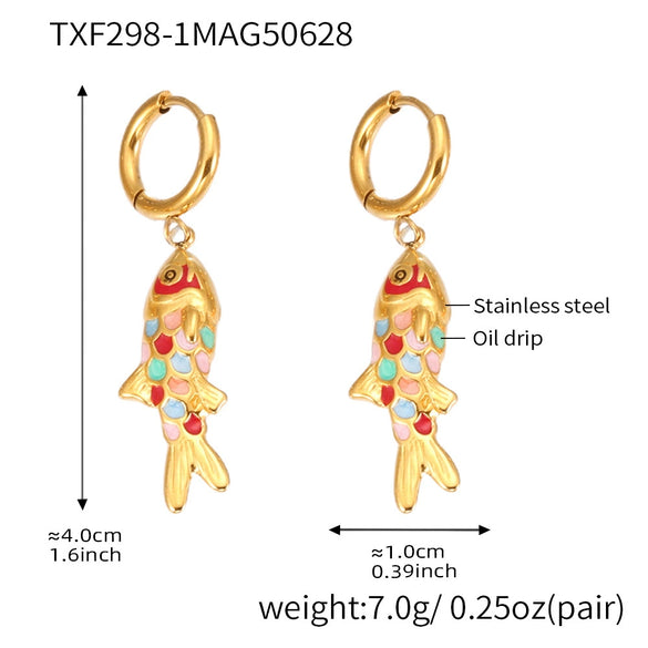Wholesale Colorful Oildropped Koi Fish Beaded Stainless Steel Necklace Earrings With Electroplating Ocean Style Pendant