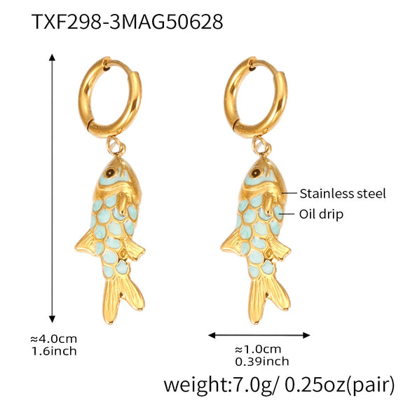 Wholesale Colorful Oildropped Koi Fish Beaded Stainless Steel Necklace Earrings With Electroplating Ocean Style Pendant