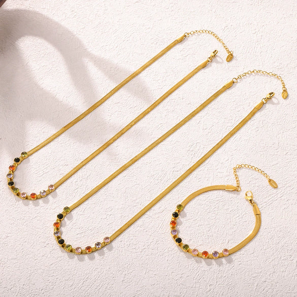 Wholesale Colorful Zircon Ferris Wheel Necklace And Bracelet Set In Stainless Steel With 18K True Gold Electroplating For Women Light Luxury Style