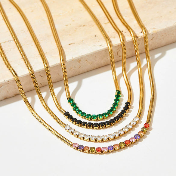 Wholesale Colorful Zircon Jewelry Set For Women Stainless Steel Round Snake Chain Clavicle Chain With Bear And Pig Patterns Electroplated