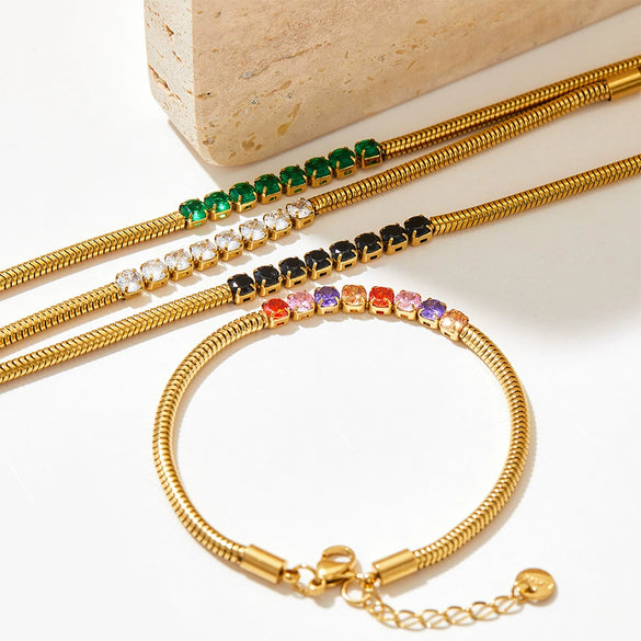 Wholesale Colorful Zircon Jewelry Set For Women Stainless Steel Round Snake Chain Clavicle Chain With Bear And Pig Patterns Electroplated