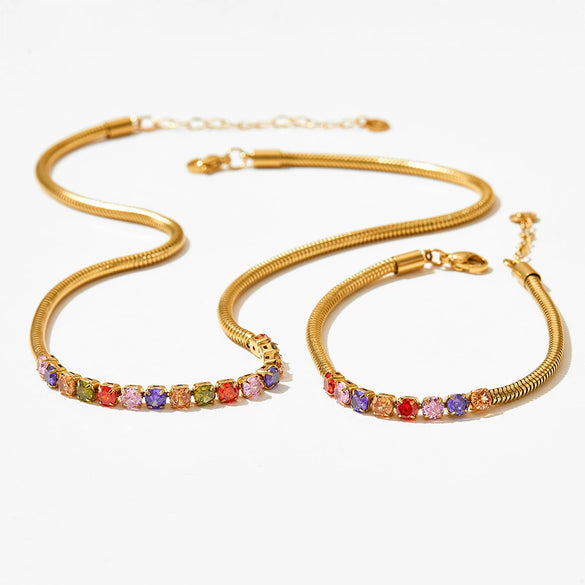 Wholesale Colorful Zircon Jewelry Set For Women Stainless Steel Round Snake Chain Clavicle Chain With Bear And Pig Patterns Electroplated