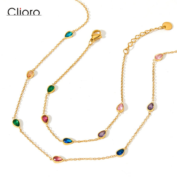 Wholesale Combination Set Of Bracelet Anklet And Necklace In Stainless Steel With Water Drops And Love Pattern Electroplated For Women Retaining Color And Set With Zircon
