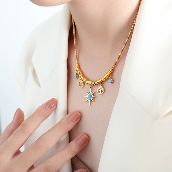 Wholesale Commuter Jewelry Set Titanium Steel Bracelet And Necklace With Turquoise Small Sun Tree Pendant Electroplated Stars Sun And Moon Clouds Universe Pattern