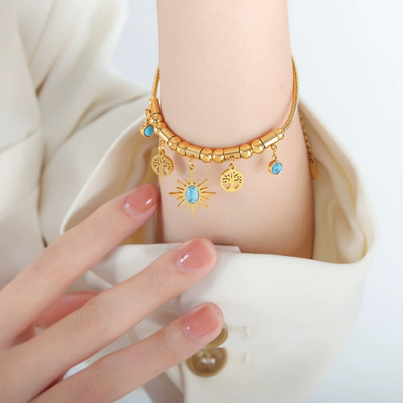 Wholesale Commuter Jewelry Set Titanium Steel Bracelet And Necklace With Turquoise Small Sun Tree Pendant Electroplated Stars Sun And Moon Clouds Universe Pattern