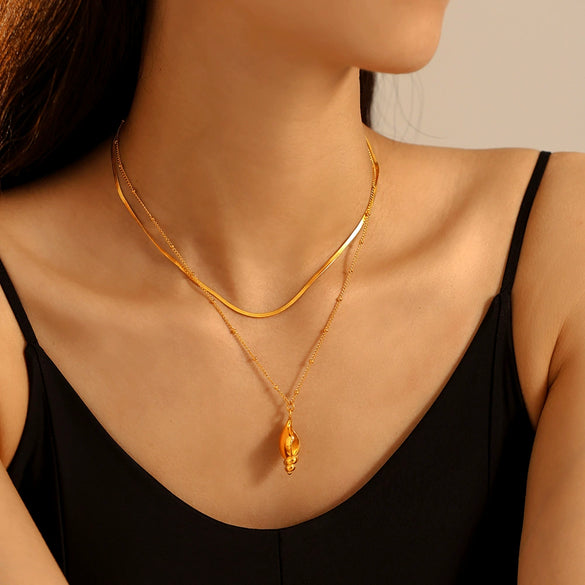 Wholesale Conch Inlaid Imitation Pearl Clavicle Necklace For Women Titanium Steel With 18K Real Gold Plated Geometric Pattern Electroplating Treatment