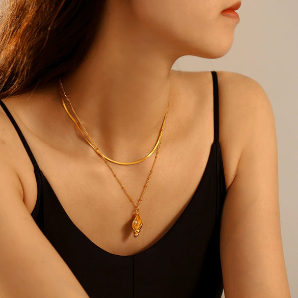 Wholesale Conch Inlaid Imitation Pearl Clavicle Necklace For Women Titanium Steel With 18K Real Gold Plated Geometric Pattern Electroplating Treatment
