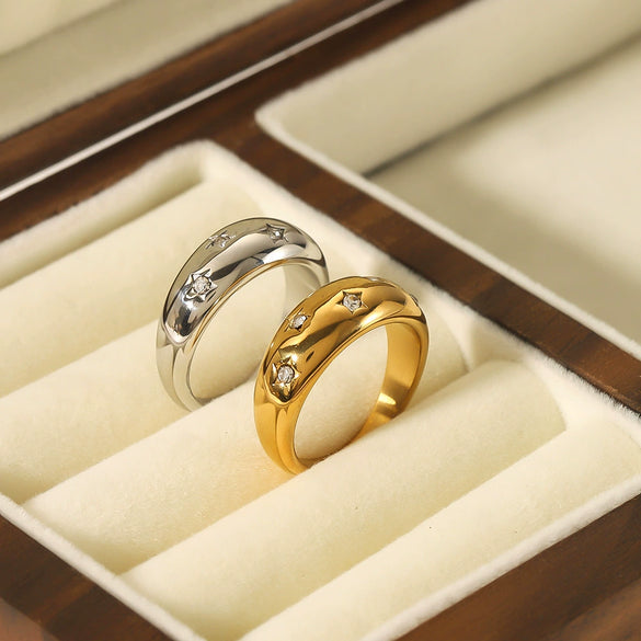 Wholesale Cool Simple Starry Inlaid Zircon Stainless Steel Ring For Women With 18K Vacuum Plated In Furnace Geometric Design