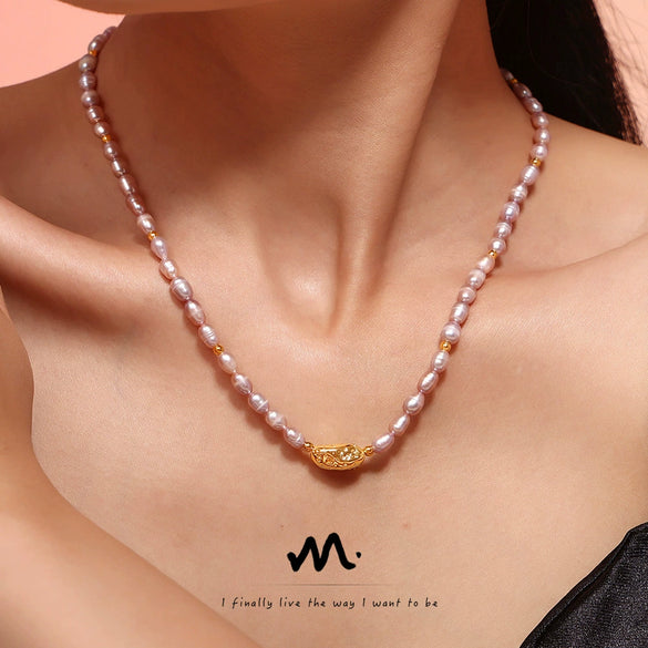 Wholesale Copper And Freshwater Pearl Pendant Collarbone Necklace With Geometric Design And Electroplating