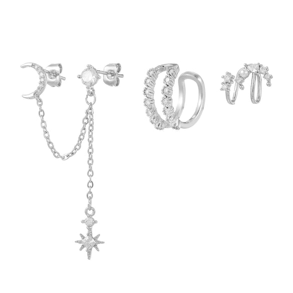 Wholesale Copper And S925 Silver Minimalist Star Tassel Moon Zirconia Earrings