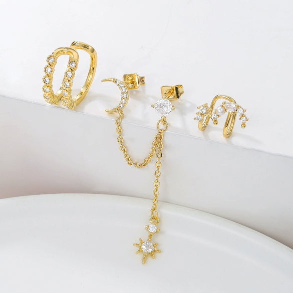 Wholesale Copper And S925 Silver Minimalist Star Tassel Moon Zirconia Earrings