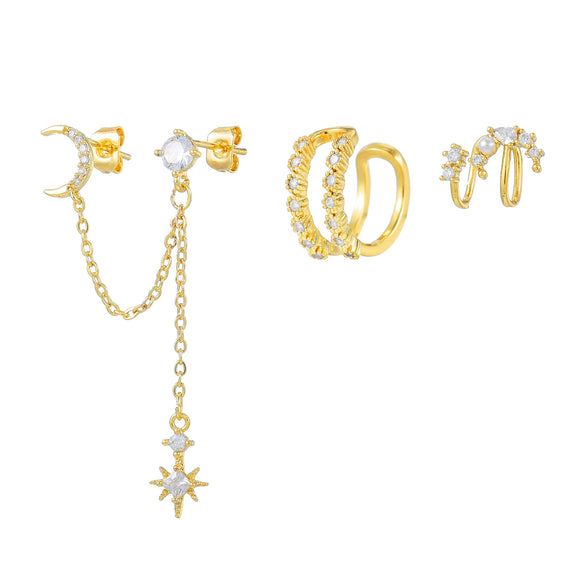 Wholesale Copper And S925 Silver Minimalist Star Tassel Moon Zirconia Earrings