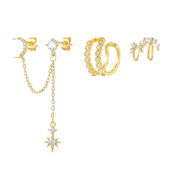 Wholesale Copper And S925 Silver Minimalist Star Tassel Moon Zirconia Earrings