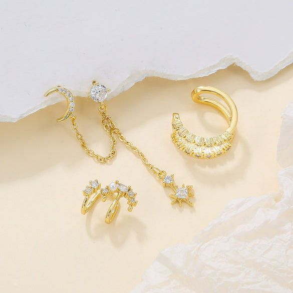 Wholesale Copper And S925 Silver Minimalist Star Tassel Moon Zirconia Earrings