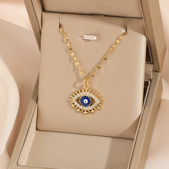Wholesale Copper And Stainless Steel Mixed Gemstone Setting Hollow Round Devil's Eye Pendant Necklace With Electroplating For Women