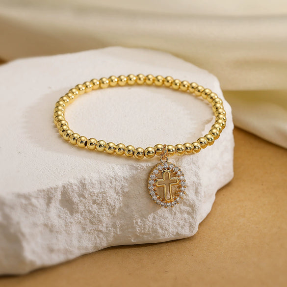 Wholesale Copper Bead Bracelet With Real Goldplated Zircon Cross Geometric Pattern Micro Inlay For Women