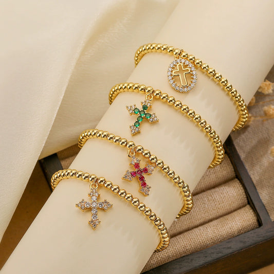 Wholesale Copper Bead Bracelet With Real Goldplated Zircon Cross Geometric Pattern Micro Inlay For Women
