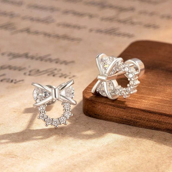 Wholesale Copper Bow Shape Light Luxury Style Zircon Ear Nail Ear Bone Nail Set With Diamonds