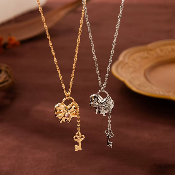 Wholesale Copper Bow Shaped Love Lock Necklace With Real Gold Plated Electroplating And Bamboo Chain