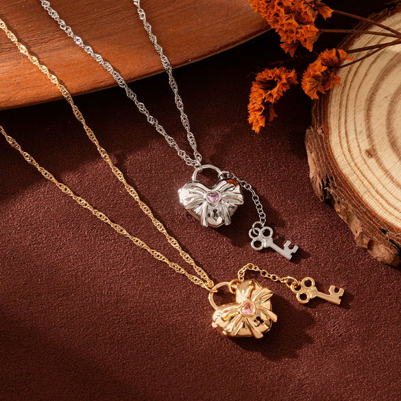 Wholesale Copper Bow Shaped Love Lock Necklace With Real Gold Plated Electroplating And Bamboo Chain